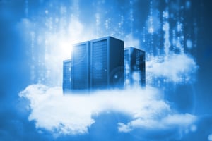 Data servers resting on clouds in blue in a cloudy sky